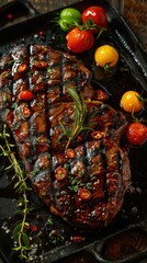 steak, with grill marks, adorned with fresh herbs and colorful vegetables 