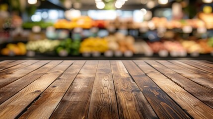 Empty wooden table in a grocery store.
