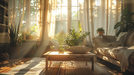 A cozy living room basked in warm sunlight streaming through large windows with sheer curtains. - obrazy, fototapety, plakaty