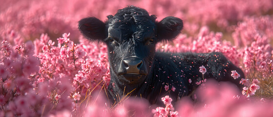 a black cow that is standing in a field of pink flowers
