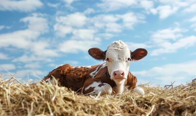 cute calf lies on the hay against the blue sky