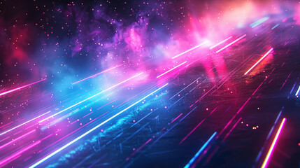 Abstract image featuring vibrant beams of light in pink, blue, and purple hues with bokeh effects, conveying a sense of energy, technology, or futuristic environment. - obrazy, fototapety, plakaty