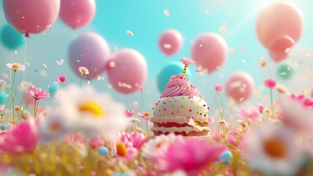 Charming 3D Birthday Scene: Light-Hearted Balloons and Sweet Vibrant Cake