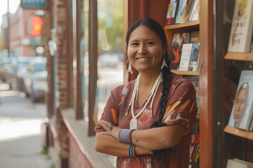 A Native American entrepreneur stands outside her charming locally-owned bookstore, bathed in sunlight. Beaming a genuine smile with arms crossed, she warmly welcomes customers. - obrazy, fototapety, plakaty
