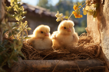 Portrait of small baby chickens on a bright sunny day, on a ranch in the village, rural surroundings on the background of spring nature
