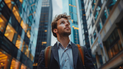 Young businessman with a backpack looking up thoughtfully amidst towering skyscrapers in a bustling city, showcasing ambition and corporate lifestyle.