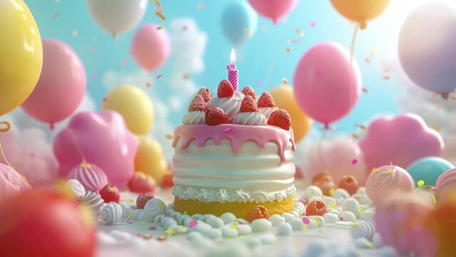 Joyful 3D Birthday Scene: Cartoon Balloons and Tempting Cake in Vibrant Colors