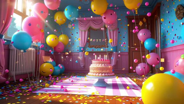 Vibrant 3D Birthday Celebration: Colorful Balloons and Playful Cake Design