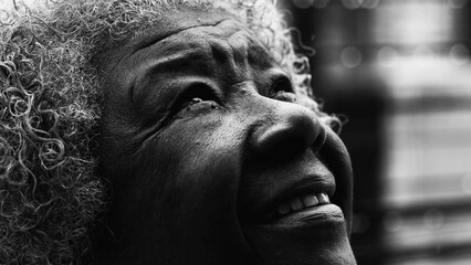 Macro Close-Up of Wrinkled Mature Black Woman with Gray Hair GAZES upwards feeling the presence of a higher power in black and white, monochromatic
