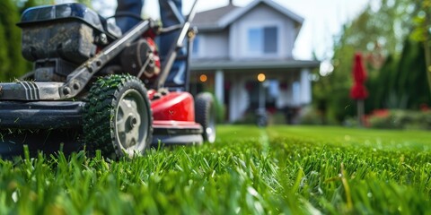  lawn mowing professional taking care of a garden in front of a house - obrazy, fototapety, plakaty