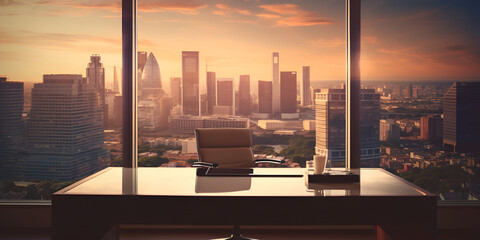 a laptop sitting on a table in front of a large window with a view of the cityscape outside of the window and sunset view