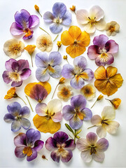 Pressed wildflower petals on a white background