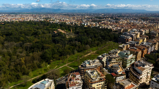 Aerial view of Villa Ada, a large public park in Rome, Italy. This large green area is located in the northern area of the city, between the Parioli, Pinciano and Trieste-Salario district.