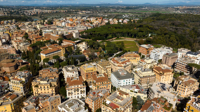 Aerial view of Villa Ada, a large public park in Rome, Italy. This large green area is located in the northern area of the city, between the Parioli, Pinciano and Trieste-Salario district.