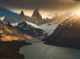 Glasbilder Fitz Roy View of the Fitz Roy mountain range (Cerro Chalten) in Patagonia region of Chile, Andes.
