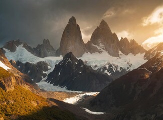 View of the Fitz Roy mountain range (Cerro Chalten) in Patagonia region of Chile, Andes.