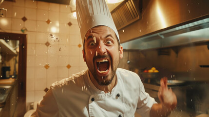 Joyful Chef Preparing Gourmet Dishes in Restaurant Kitchen
