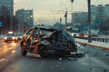 Car crash. Accident on the road in an evening city. AI generative