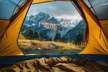  inside of camping tent with view to mountain