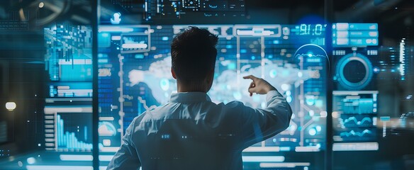 Businessman, entrepreneur who controls data holograms. display show financial dashbord. generative AI