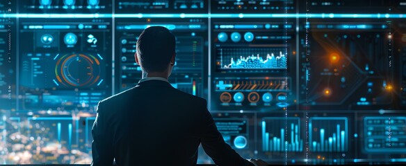 Businessman, entrepreneur who controls data holograms. display show financial dashbord. generative AI