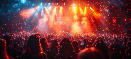 A crowd of people at a live event, concert or party. Large audience, crowd, or participants of a live event venue with bright lights above. Generative AI
