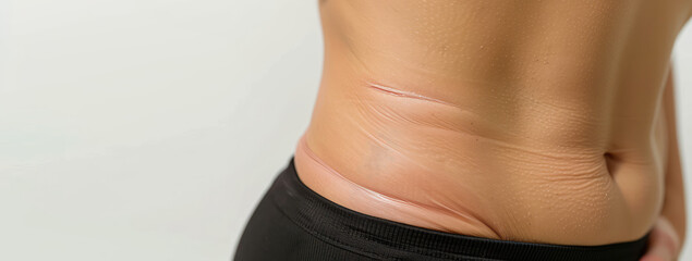Sagging abdominal skin after weight loss. Close-up of abdomen with Fat folds, banner for plastic surgery clinic, skin tightening. - obrazy, fototapety, plakaty