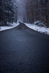 Ein Waldweg zwischen verschneiten Bäumen im Winter
