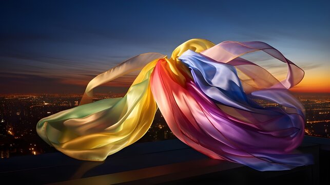 The image features a pair of colorful ribbons, possibly made of fabric or silk, in rainbow colors. They are flying in the wind with a city skyline in the background. The scene appears to be set during