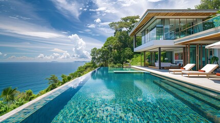 A lavish villa featuring a swimming pool against the backdrop of green area and ocean - obrazy, fototapety, plakaty