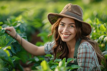 woman in a cute gardening outfit smiling while tending to gardening 