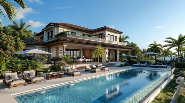 A lavish villa featuring a swimming pool against the backdrop of green area and ocean