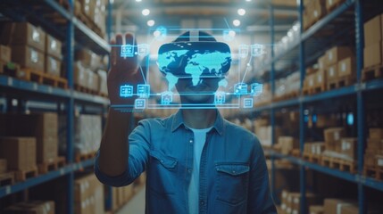 Warehouse manager working on cargo inventory shipping planning with the help of VR technology.