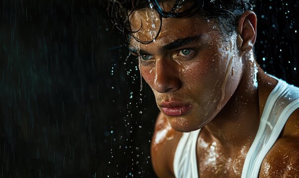 young muscular male model looking to the camera in a wet white tank top