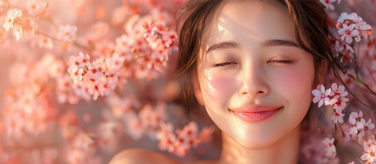 A beautiful Asian girl with her eyes closed against a background of cherry blossoms