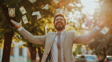 Businessman in Bliss with Abundance of Money
