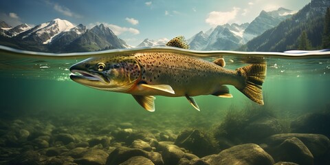 best trout fishing game hrt, big trout swimming complete under water line and the beautiful mountains. Generative AI - obrazy, fototapety, plakaty