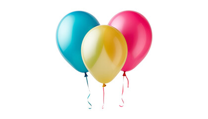 three yellow blue pink balloons isolated on transparent background cutout