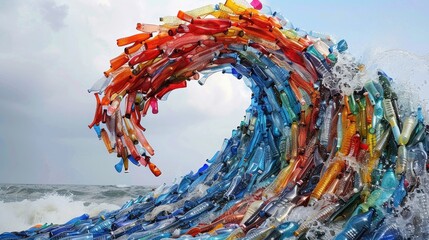 colorful and vibrant wave created from discarded plastic items - obrazy, fototapety, plakaty