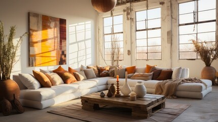 A stylish living room featuring a plush sofa, wooden furniture, and rustic wall art, exuding a calm ambiance.