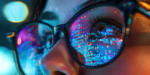 Close-up view of female eyes magnified behind glasses, reflecting intricate data patterns. A female programmer writes code while staring at a computer monitor.