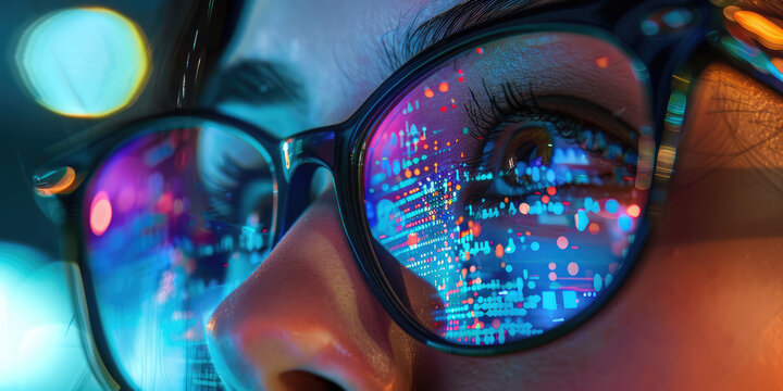 Close-up view of female eyes magnified behind glasses, reflecting intricate data patterns. A female programmer writes code while staring at a computer monitor.