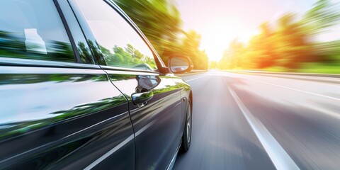 Car driving down tree-lined road