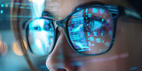 Close-up view of female eyes magnified behind glasses, reflecting intricate data patterns. A female programmer writes code while staring at a computer monitor.