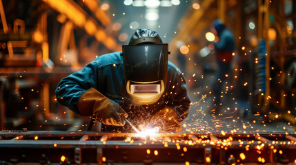 A welder in protective gear is performing welding work with sparks flying in an industrial setting. Industrial Welder at Work in a Manufacturing Plant