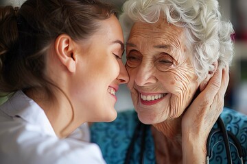 A close-up image of a smiling caregiver and an elderly woman highlights a warm and caring relationship, often found in healthcare