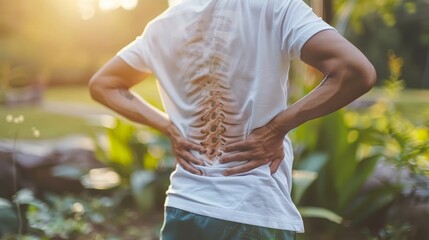 Man holding back in pain after exercise in the park  muscle injury and overexertion - obrazy, fototapety, plakaty