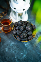 Ramadan Iftar food photography, Dates with tea on the table, Ramadan Kareem background