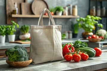 White eco friendly shopping bag with fresh vegetables