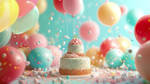 Joyful 3D Animation: Colorful Birthday Balloons and Cake in Cute Cartoon Style